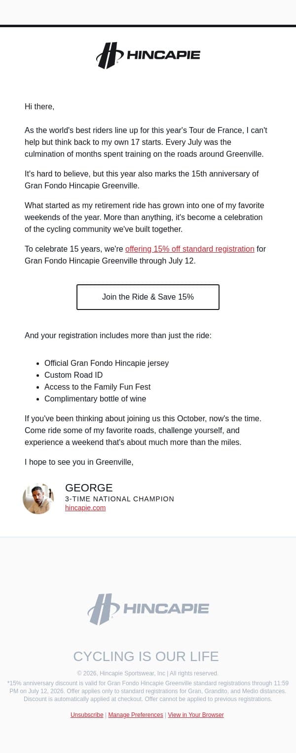 Watching the Tour? It reminded me of something. email from Hincapie screenshot