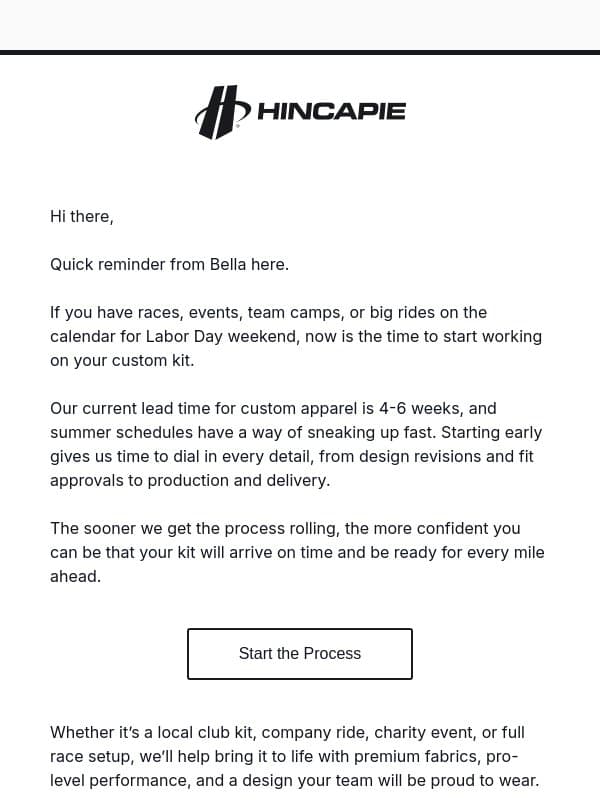 Time to Start Your Labor Day Custom Kit π΄ email from Hincapie