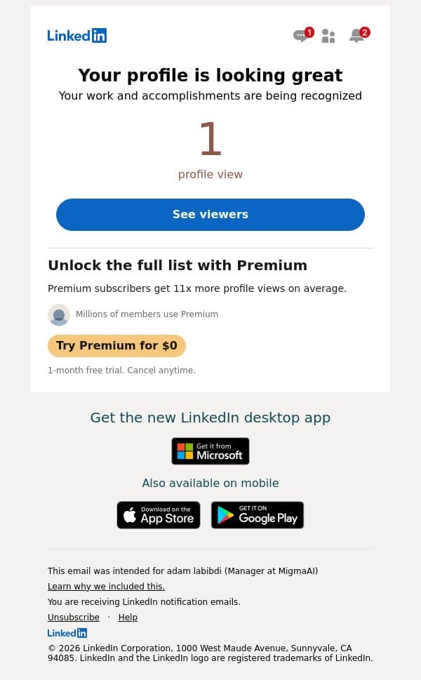 1 person viewed your profile email from HLB HAMT screenshot