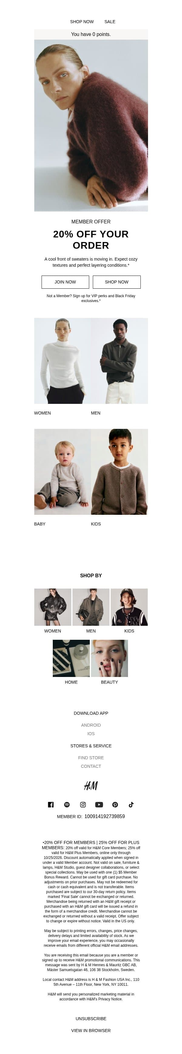 Member forecast: 20% off all weekend email from H&M Kids screenshot