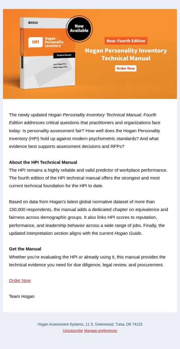 The HPI Technical Manual: Fourth Edition is now available email from Hogan Assessment Systems screenshot