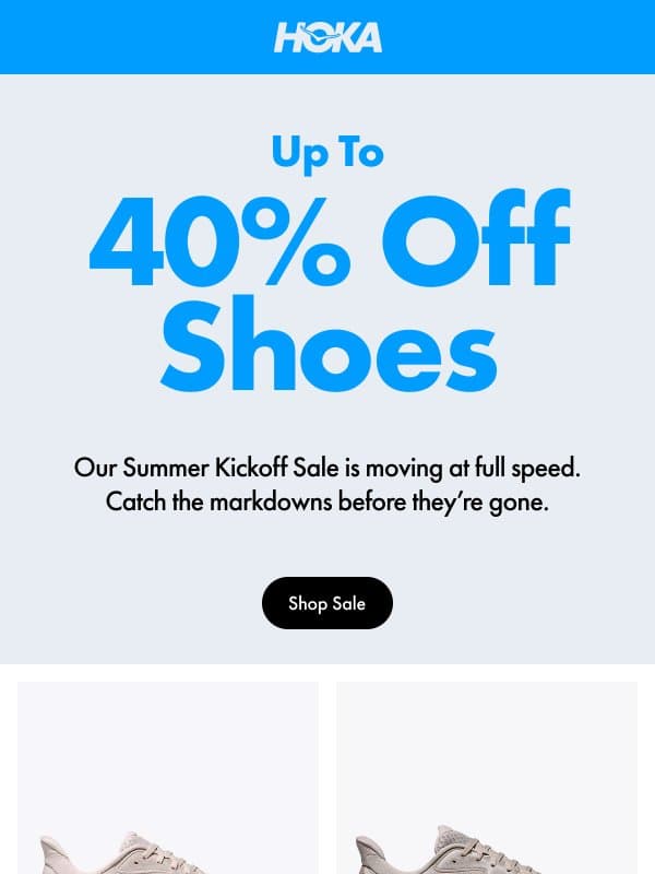 Up to 40% Off Select Shoes email from Hoka One One