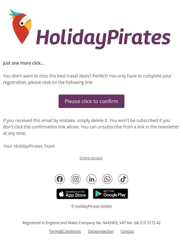 đź“® Please confirm your subscription! email from Holiday Pirates screenshot