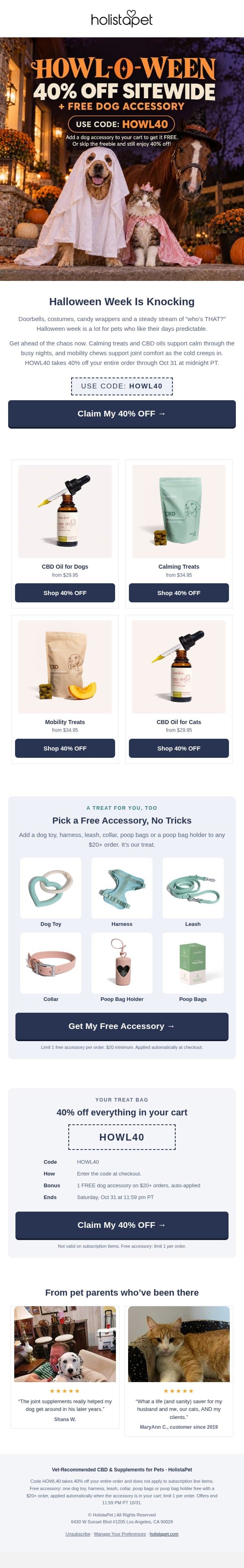 40% OFF Sitewide Pet CBD 🎃 email from HolistaPet screenshot