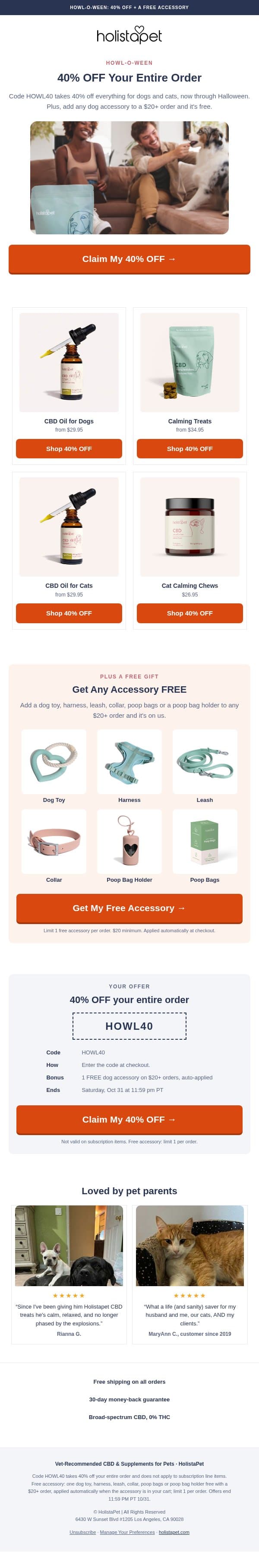 🎃 40% OFF Pet CBD + a FREE Accessory email from HolistaPet screenshot