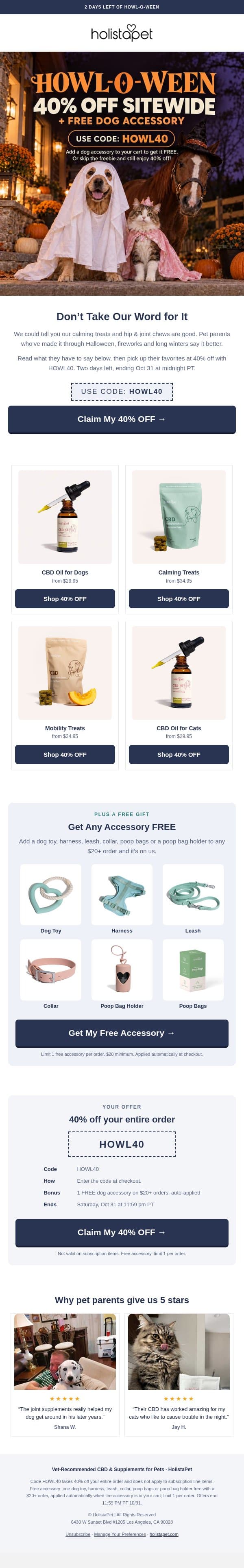 Sitewide Pet CBD 40% OFF, 2 Days Left email from HolistaPet screenshot