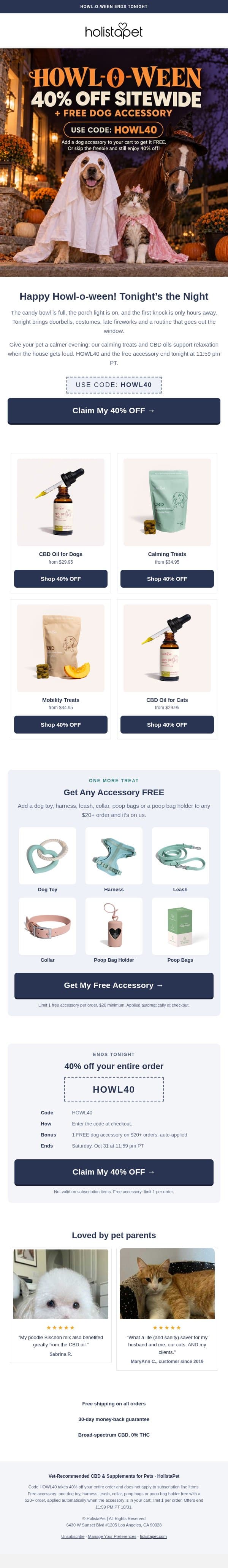 Happy Halloween! 40% OFF Pet CBD 🎃 email from HolistaPet screenshot