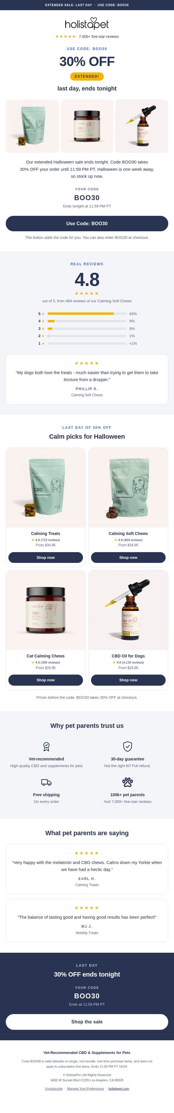 ⏰ Last day: 30% OFF Pet CBD email from HolistaPet screenshot