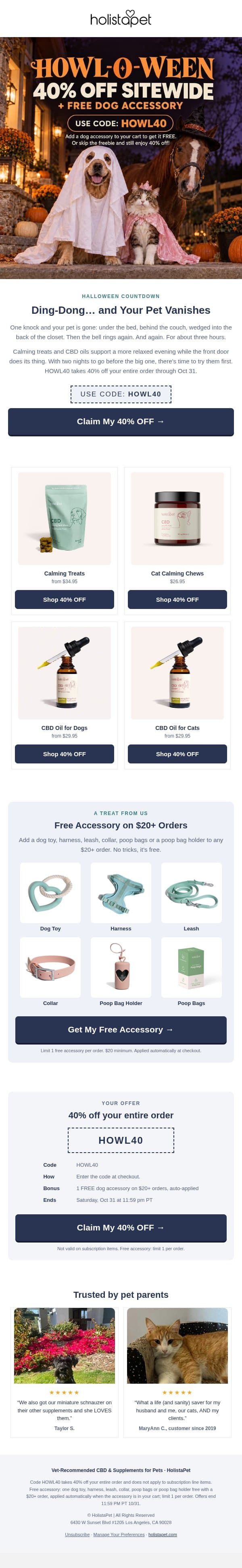 Sitewide Pet CBD 40% OFF 🎃 email from HolistaPet screenshot