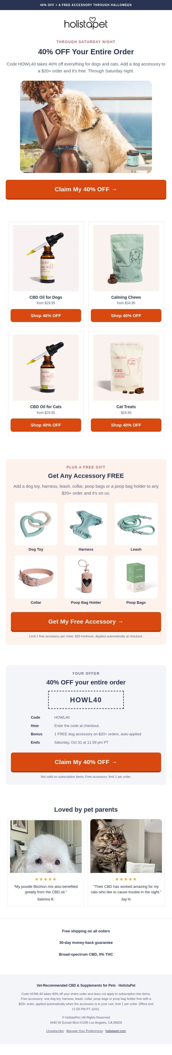 🐶 40% OFF + a FREE Accessory 🐱 email from HolistaPet screenshot