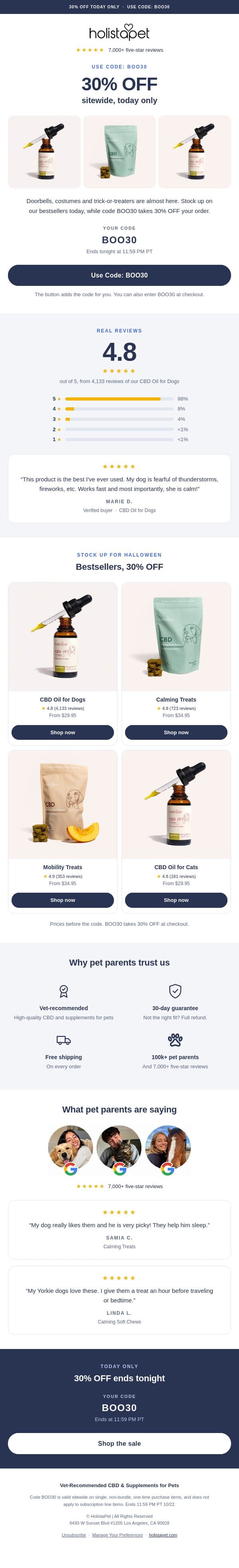 BOO! 30% OFF Pet CBD Sitewide đź‘» email from HolistaPet screenshot