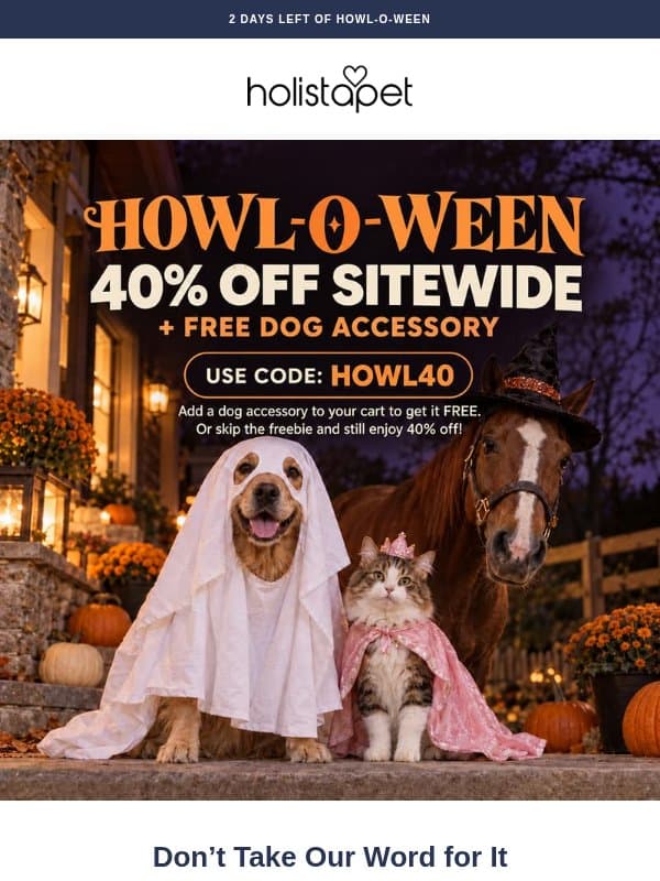 Sitewide Pet CBD 40% OFF, 2 Days Left email from HolistaPet