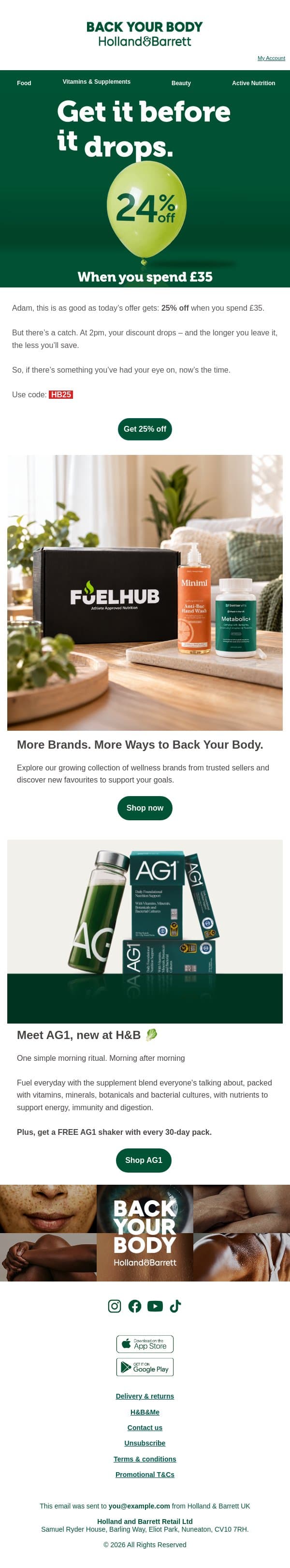 25% off £35? You’ve got until 2pm ⏰ email from Holland & Barrett screenshot