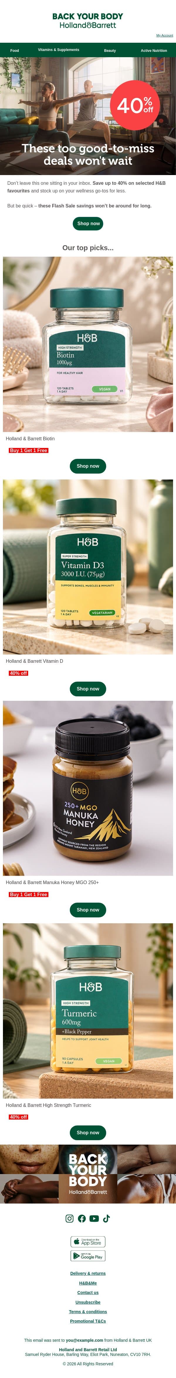 🚨 FLASH SALE: 40% off. Don't miss out! email from Holland & Barrett screenshot
