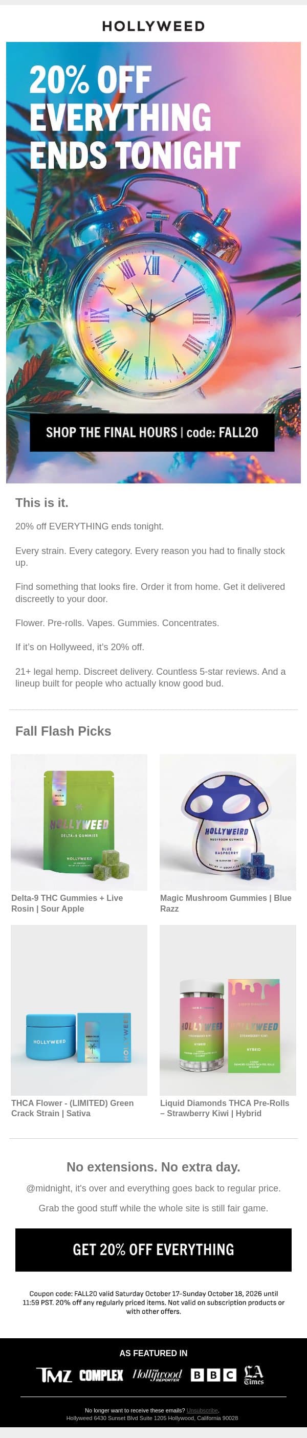 Fall π flash ends @midnight email from Hollyweed screenshot
