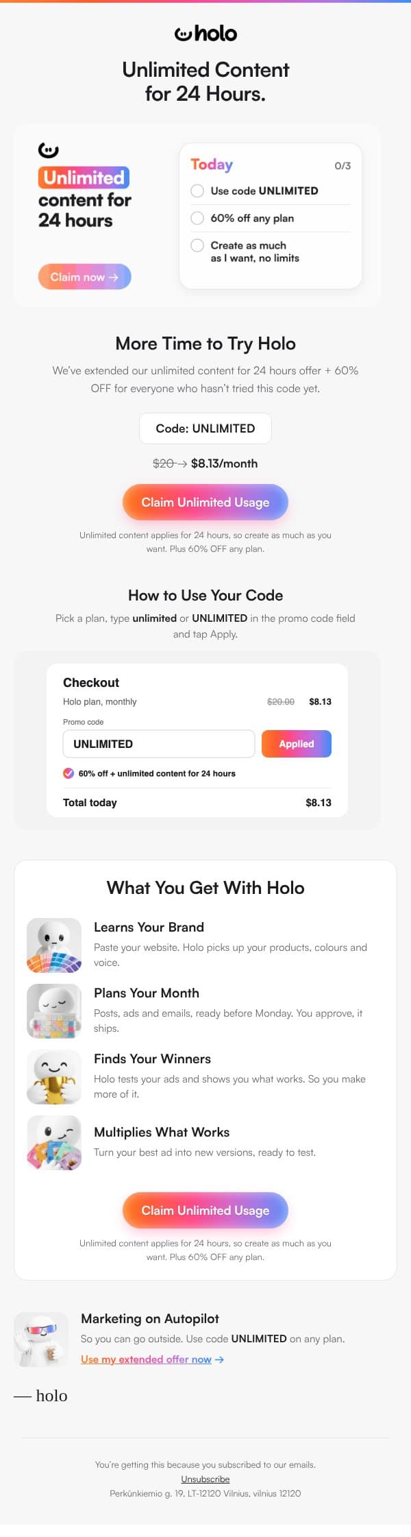 no limits pass: 24h only email from Holo screenshot