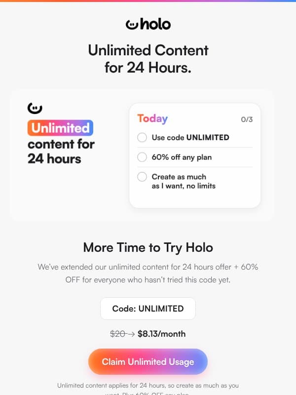 no limits pass: 24h only email from Holo