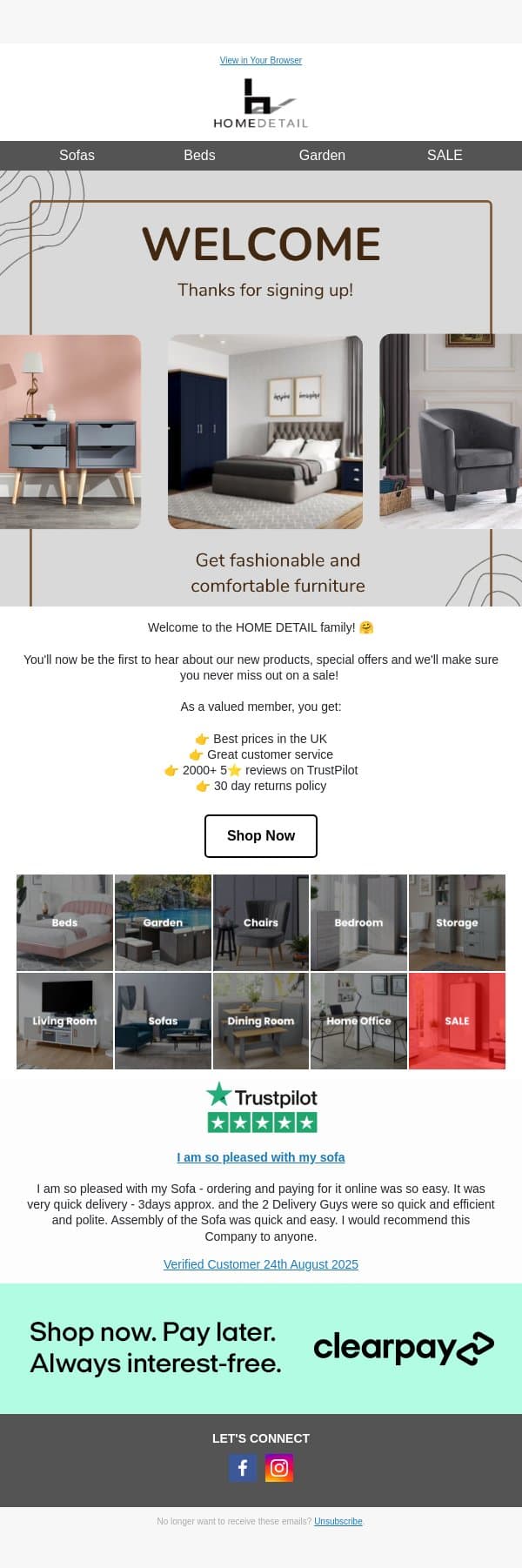 Thanks for signing up! email from Home Detail screenshot