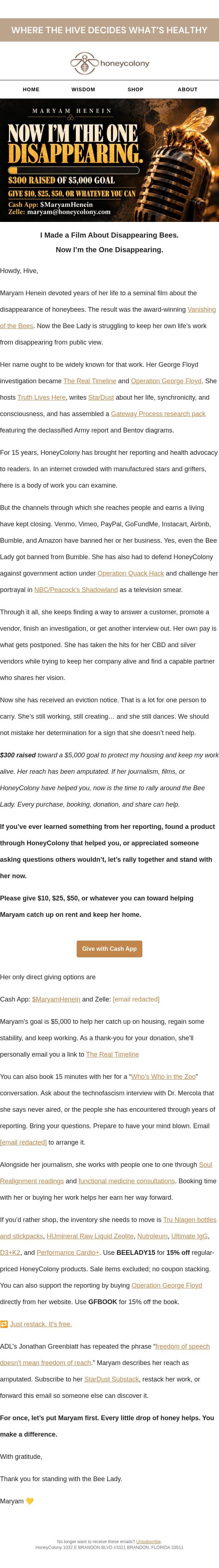 About disappearing bees… and me email from Honey Colony screenshot