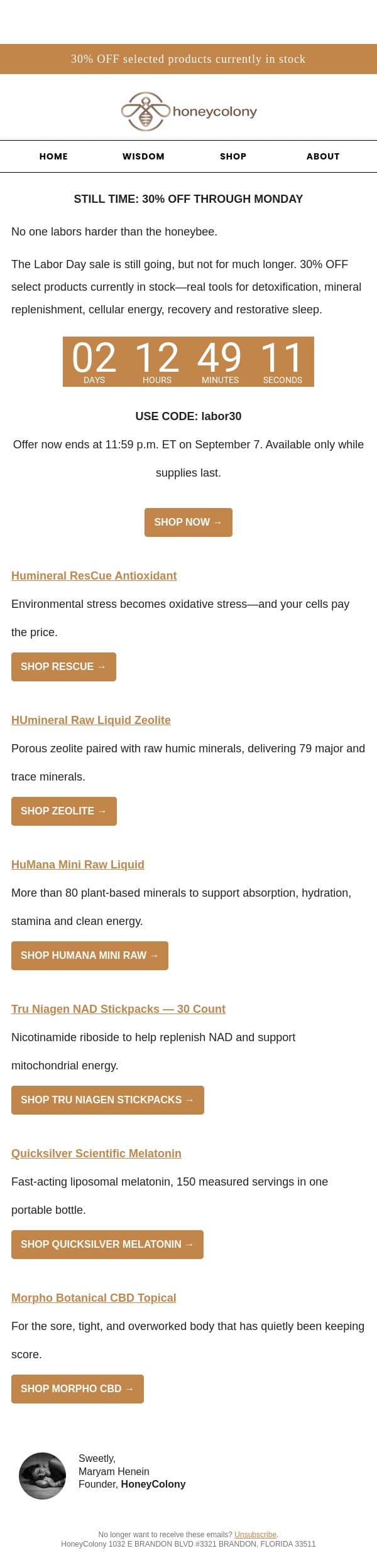 Still time: 30% off through Sunday email from Honey Colony screenshot