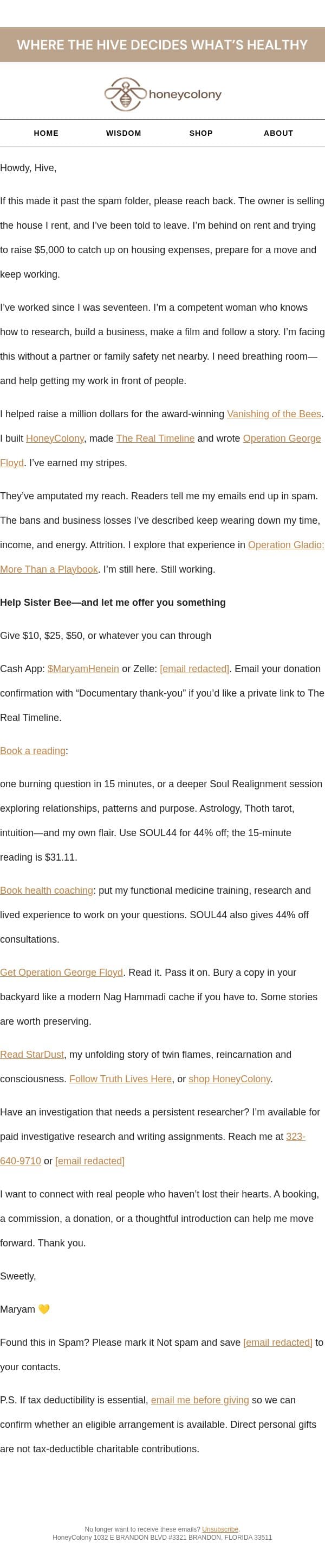 If this reached you, please reach back. email from Honey Colony screenshot