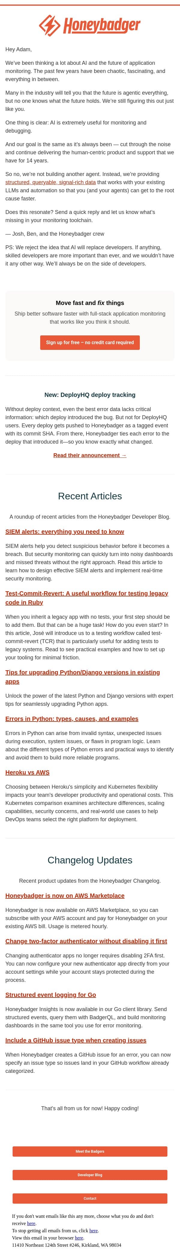 Is Honeybadger building another agent? email from Honeybadger screenshot