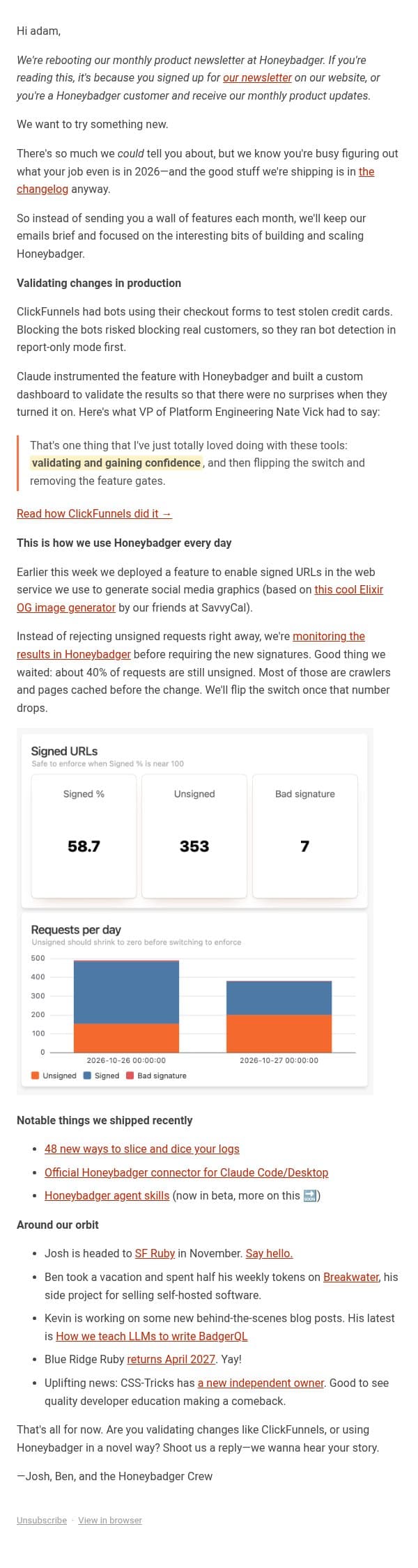 Validating changes in production email from Honeybadger screenshot