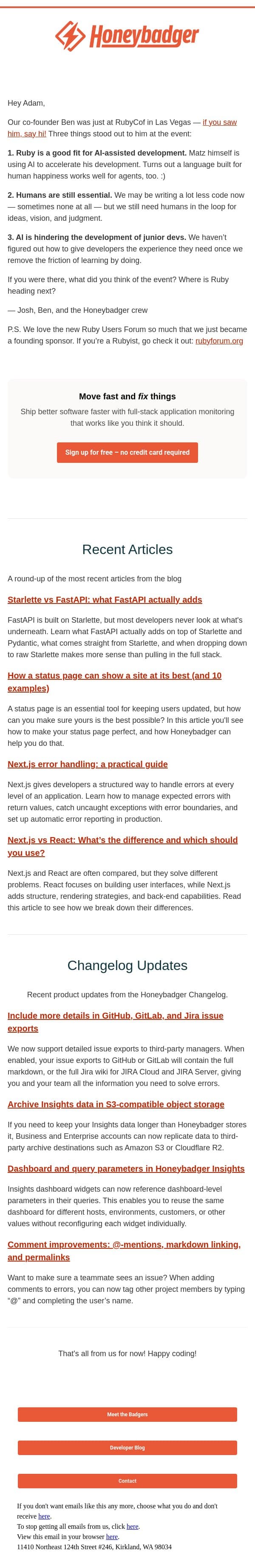 RubyConf recap: Where is Ruby (and AI) going next? email from Honeybadger screenshot