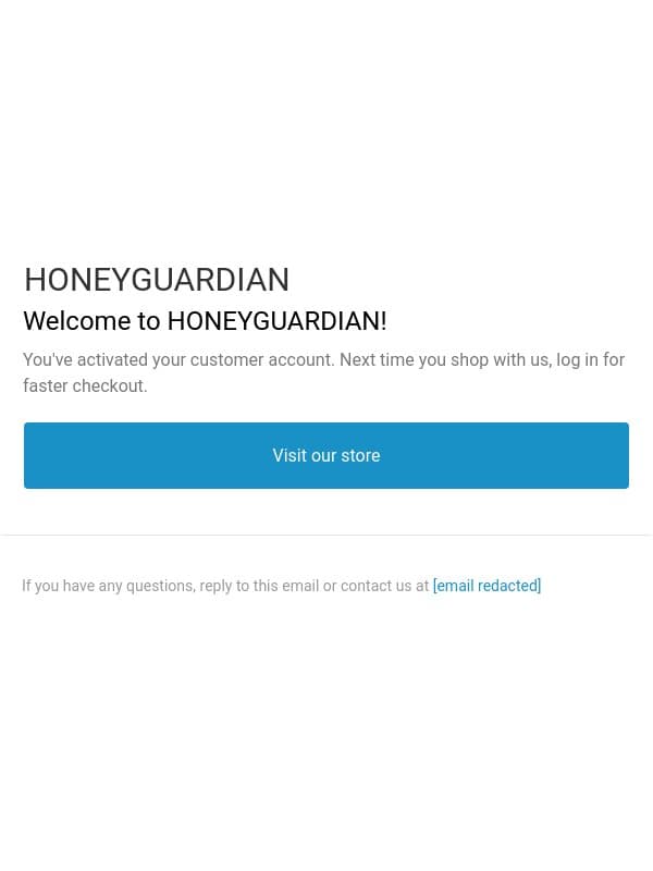 Customer account confirmation email from HoneyGuaridan