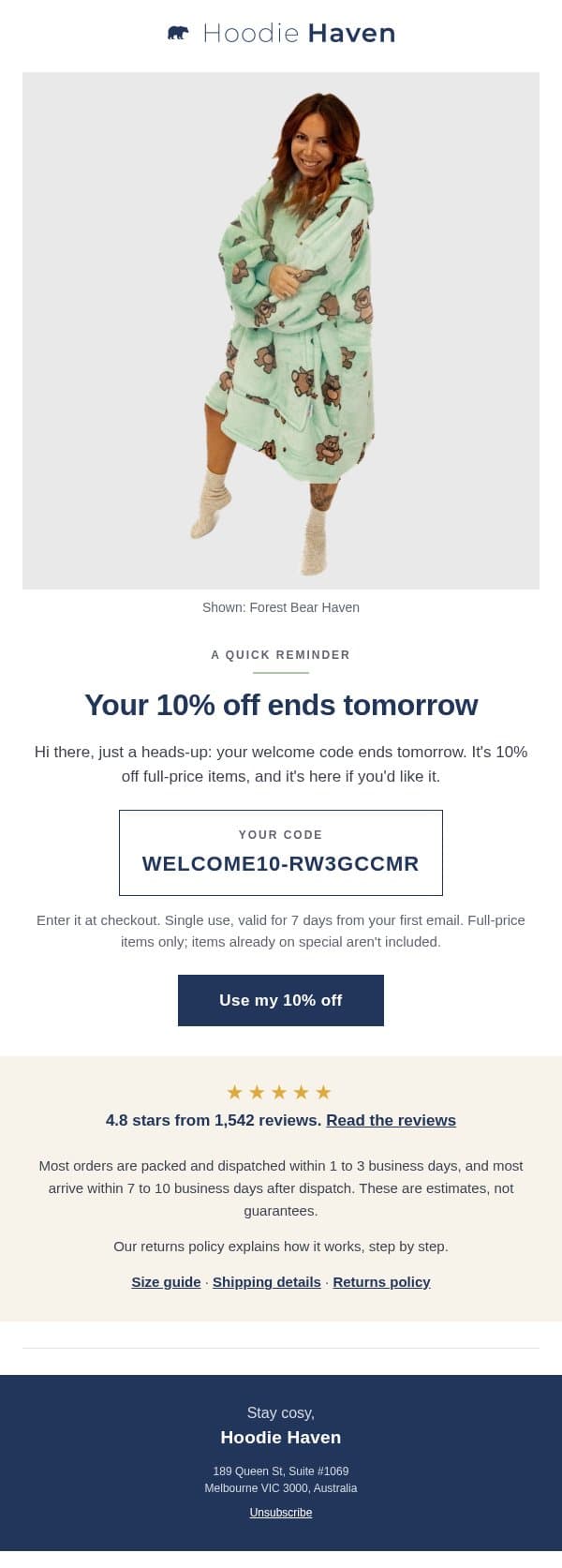 Your welcome code ends tomorrow email from Hoodie Haven screenshot