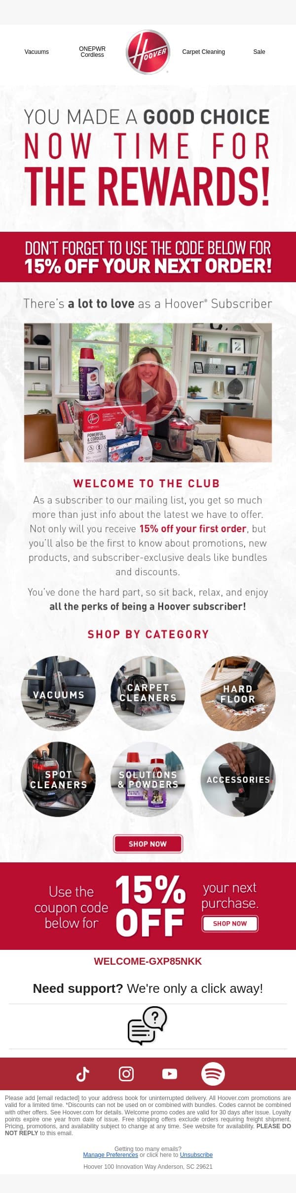 Time To Enjoy Your Membership Benefits email from Hoover screenshot