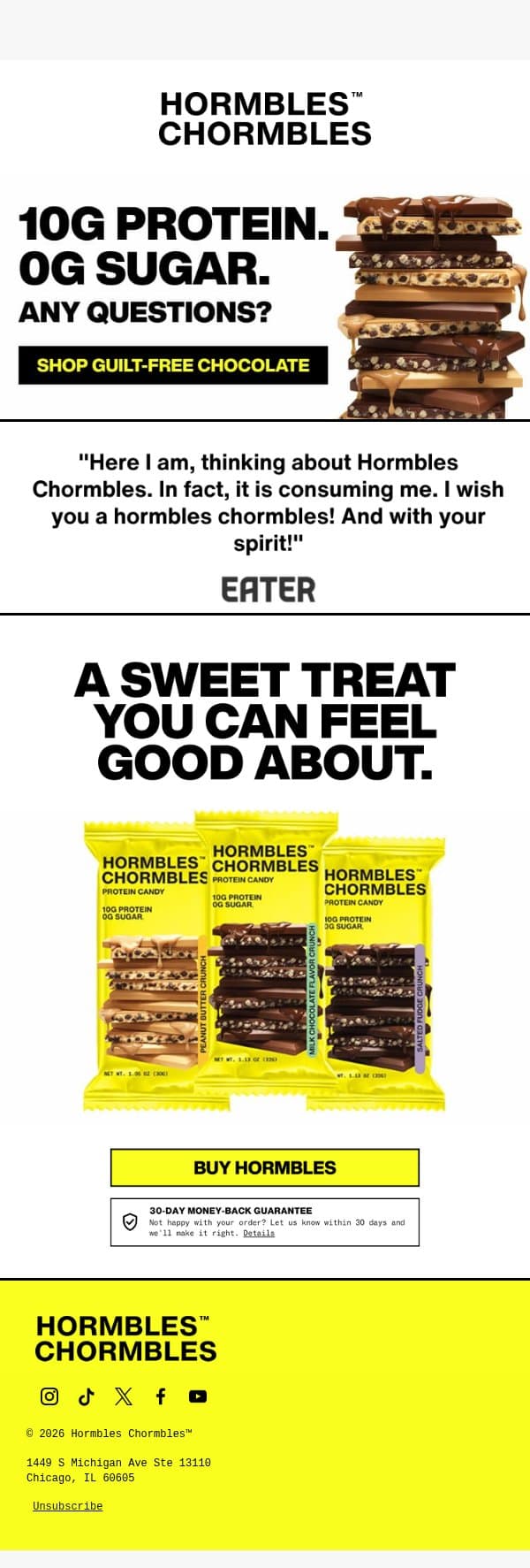 10g protein. 0g sugar. 🍫 email from HORMBLES CHORMBLES screenshot