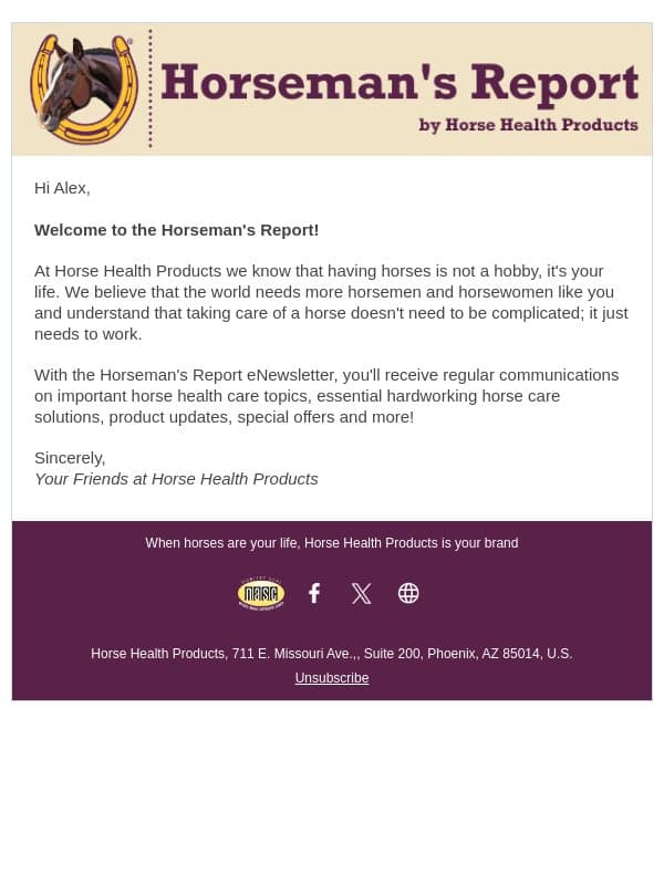 Welcome to the Horseman's Report! email from Horse Health Products screenshot