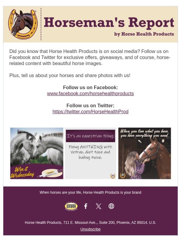 Follow Horse Health Products on Social! email from Horse Health Products