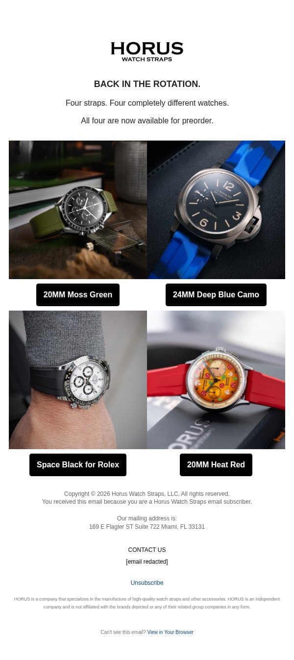 Back in the rotation. email from Horus Watch Straps screenshot
