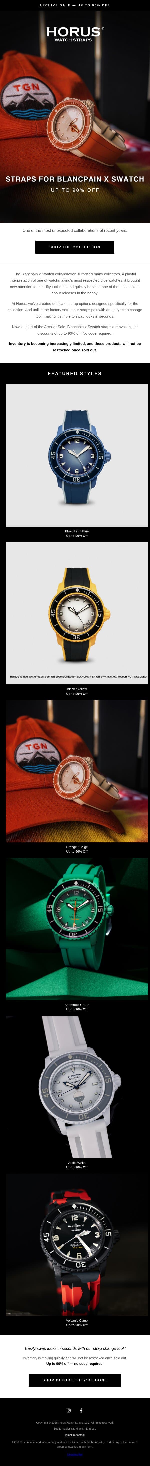 Up To 90% Off | Straps for Blancpain x Swatch email from Horus Watch Straps screenshot