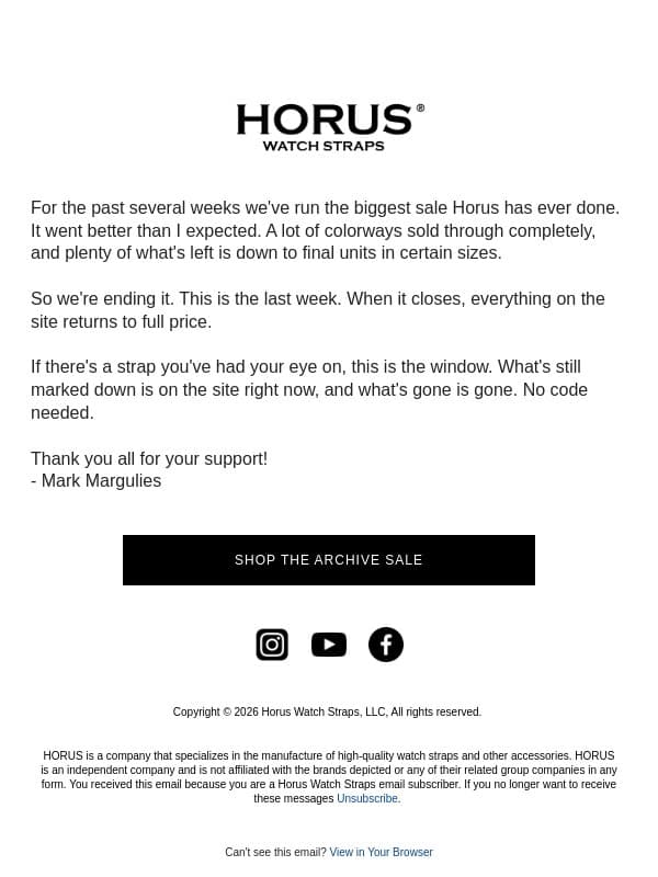 The Archive Sale is ending email from Horus Watch Straps