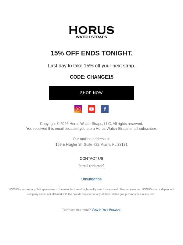 15% off ends tonight. email from Horus Watch Straps