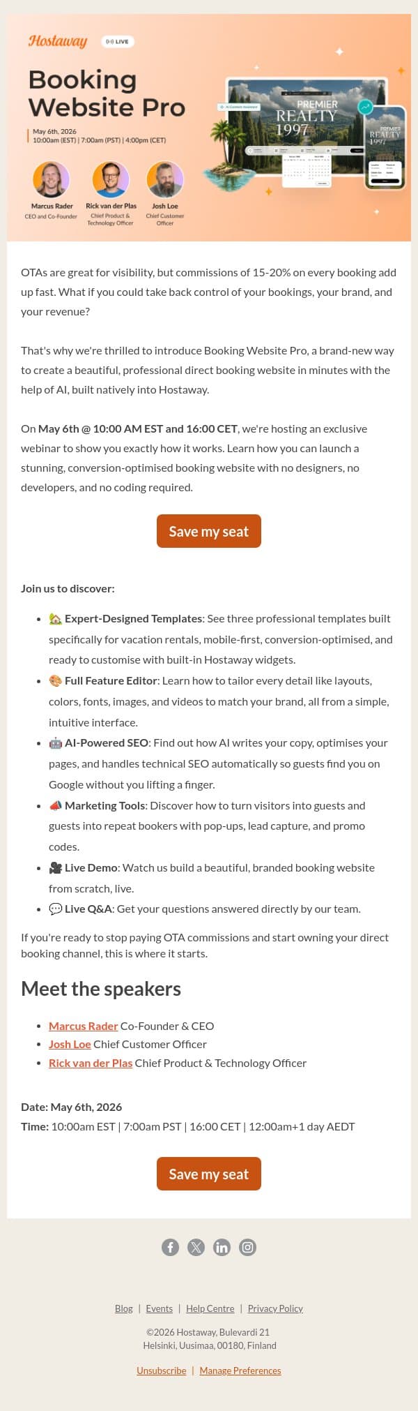 🤖 2026 Hostaway Booking Website Pro Live Session! email from Hostaway screenshot