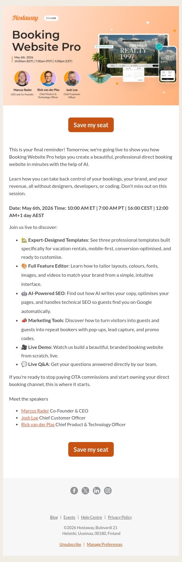 LAST CALL: 🎨 2026 Booking Website Pro Live Session is Tomorrow! email from Hostaway screenshot