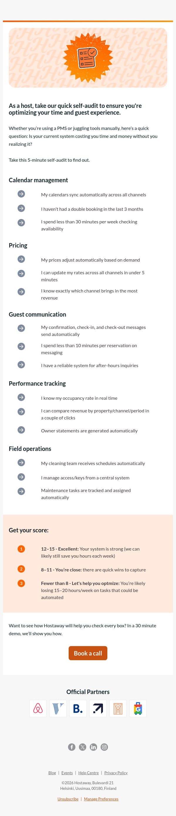Quick self-audit: Is your current setup costing you time and bookings? email from Hostaway screenshot