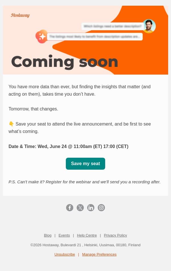 REMINDER: Only 24 hours before everything changes email from Hostaway screenshot
