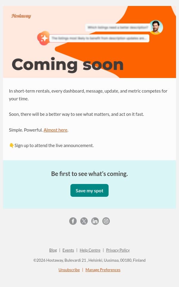 The next chapter in short-term rental management is almost here. email from Hostaway screenshot