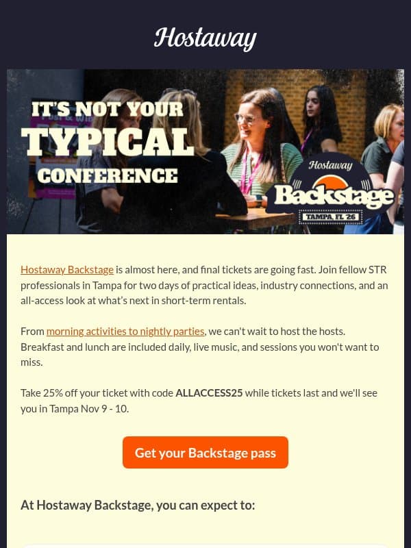 Final tickets for Hostaway Backstage email from Hostaway
