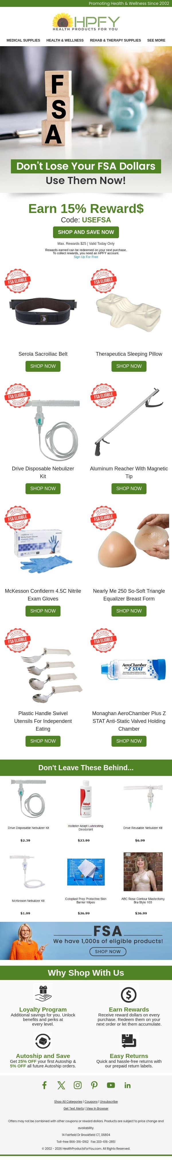 Dear adam, Spend Your FSA Dollars On Wellness Must-Haves email from HPFY (Health Products For You) screenshot
