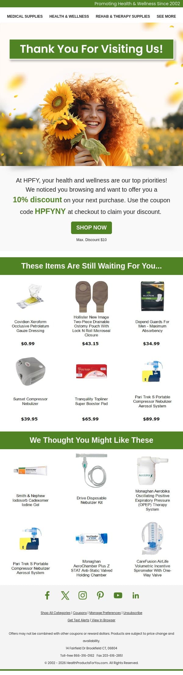 We Noticed You Browsing – Enjoy 10% Off Your Next Purchase! email from HPFY (Health Products For You) screenshot