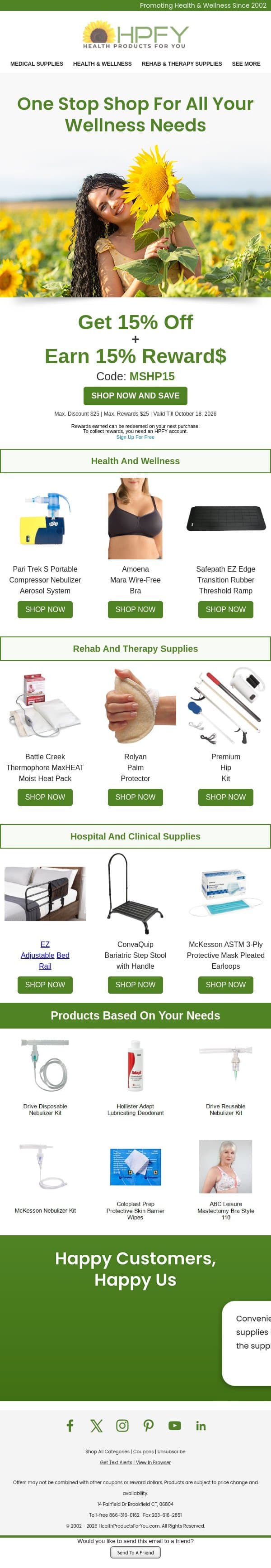 Dear adam, 🌻 More Wellness for Less—And Rewards on Top! email from HPFY (Health Products For You) screenshot