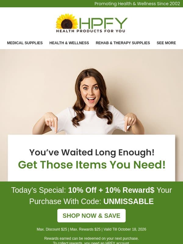 Your Midweek Treat: 10% OFF + 10% Reward$ Awaits! email from HPFY (Health Products For You)