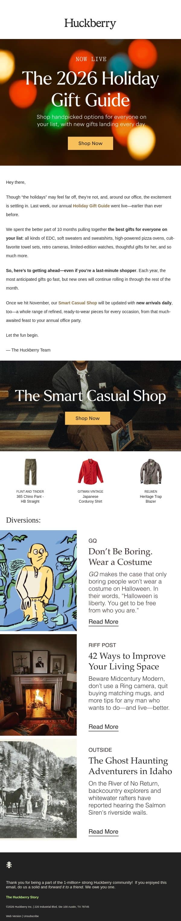 Now Live: 2026 Holiday Gift Guide email from Huckberry screenshot