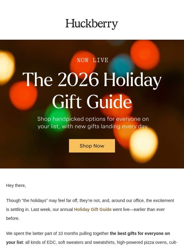Now Live: 2026 Holiday Gift Guide email from Huckberry